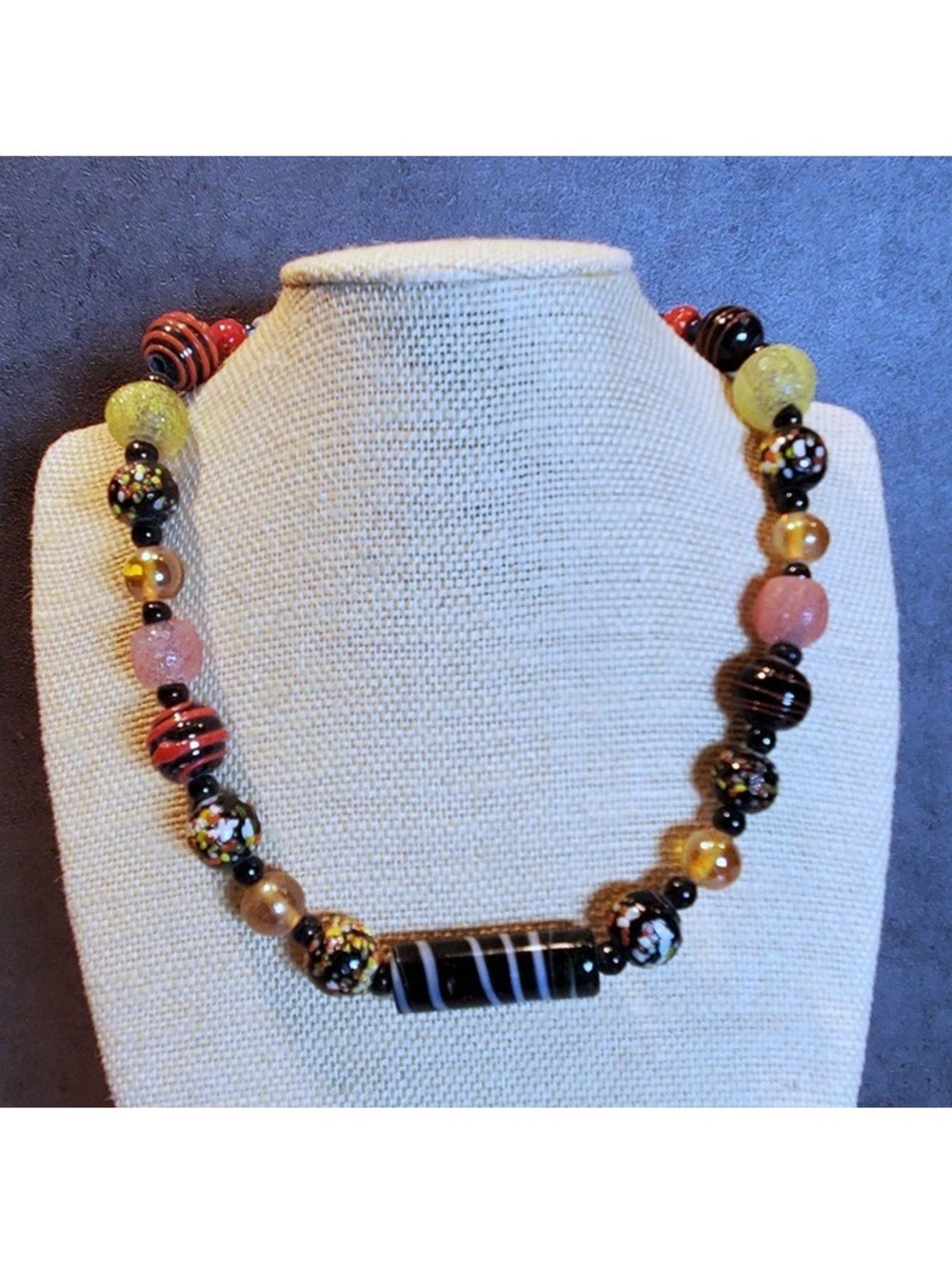 New Vintage 90s Y2K India Artisan Glass Beads Black Multi Necklace OOAK Style D